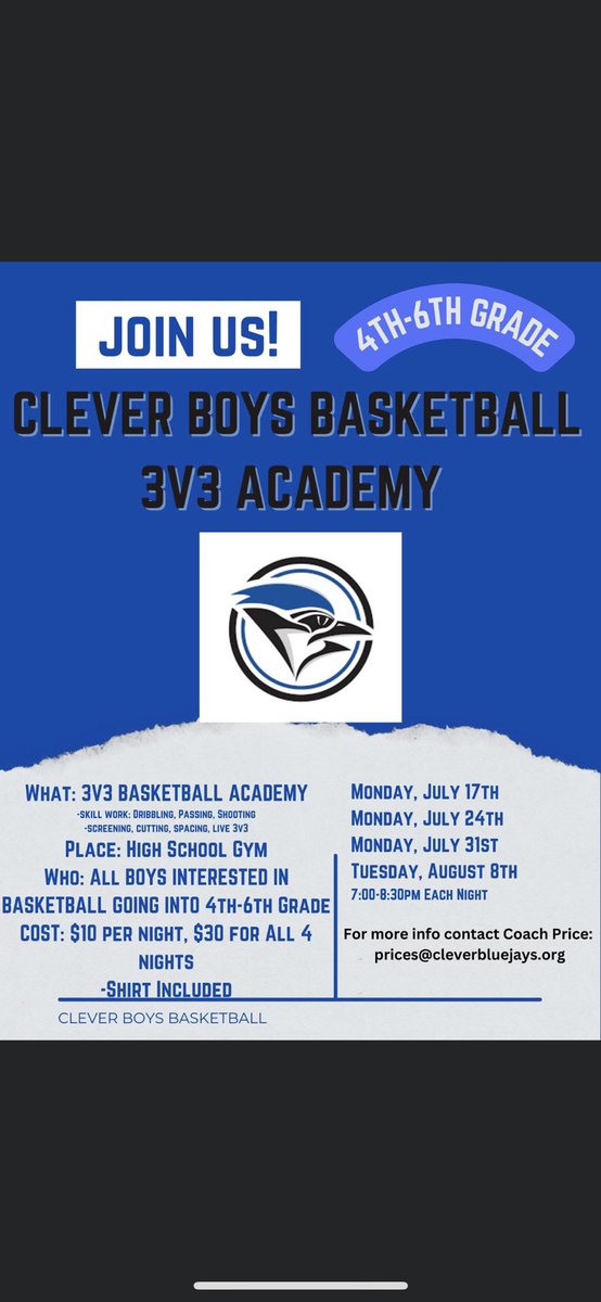 🏀 🏀 Excited to see our 4th-6th graders at our Clever Boys Basketball 3v3 Academy! There is still time to sign up! Academy starts Monday, July 17th at 7pm. Thank you to our sponsors.