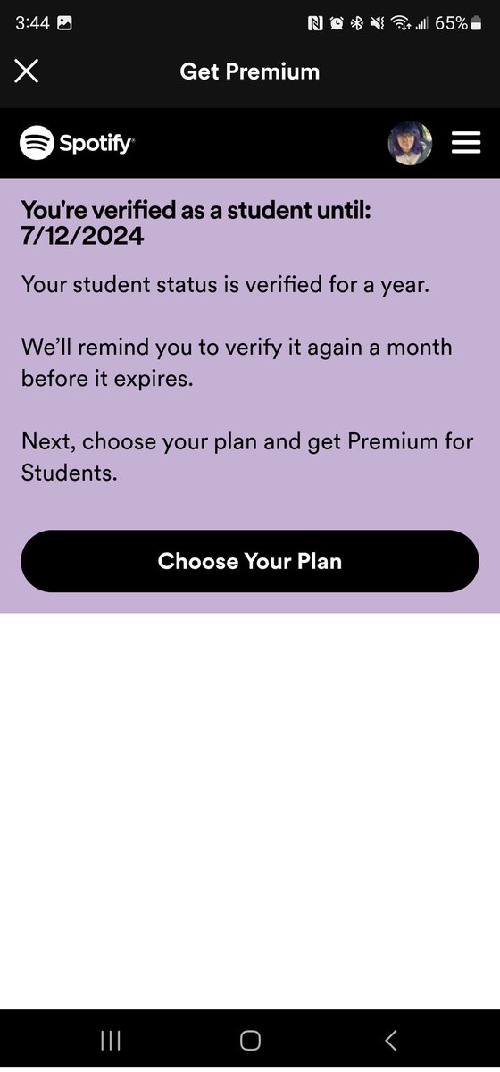 Sericane's tweet photo. @SpotifyUSA these two messages seem very contradictory. Why can't I join the student plan? https://t.co/F90ZHybSDB