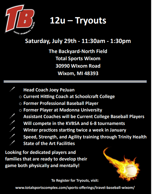 Total_Baseball's tweet image. TOTAL BASEBALL TRAVEL - WIXOM TRYOUTS
JULY 17 (14U-HOPKINS)
JULY 29 (9U-13U)
TOTALSPORTSCOMPLEX.COM/SPORTS-OFFERIN…
DATES/TIMES FOR 14U-18U COMING SOON...