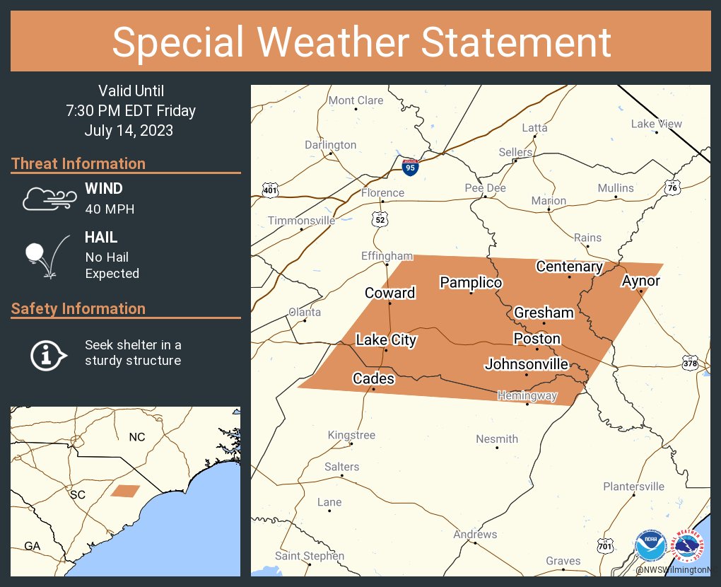 NWS Wilmington NC on Twitter "A special weather statement has been issued for Lake City SC