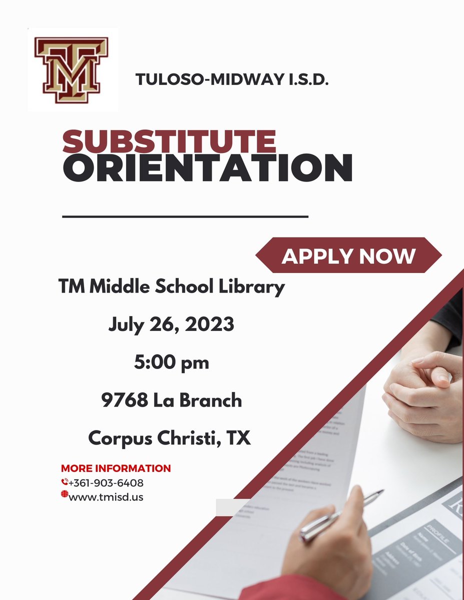 Come join us for Tuloso-Midway I.S.D. Substitute Orientation.  We can't wait to meet you.