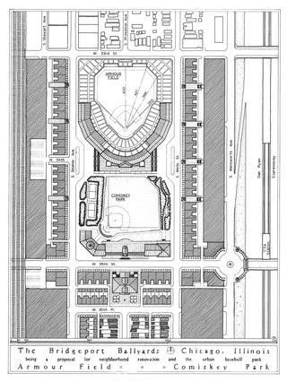 MLBcathedrals's tweet photo. Comiskey Park II (now Guaranteed Rate Field) opened in 1991 and Camden Yards opened in 1992, but before all that, there was proposal to build a retro ballpark for the #Whitesox  facing downtown called Armour Field. It was ignored. https://t.co/ddKMaHnUzP