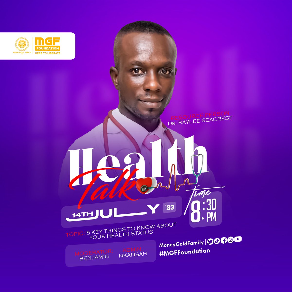MGFFoundationGH's tweet photo. Dr. Raylee Seacrest is joining us tonight at 8:30pm to educate us on things one need to know about their health status. Don’t miss it! Contact: +233551348777 to take part. #MGFFoundation #MGF https://t.co/amSKyQ7dIT