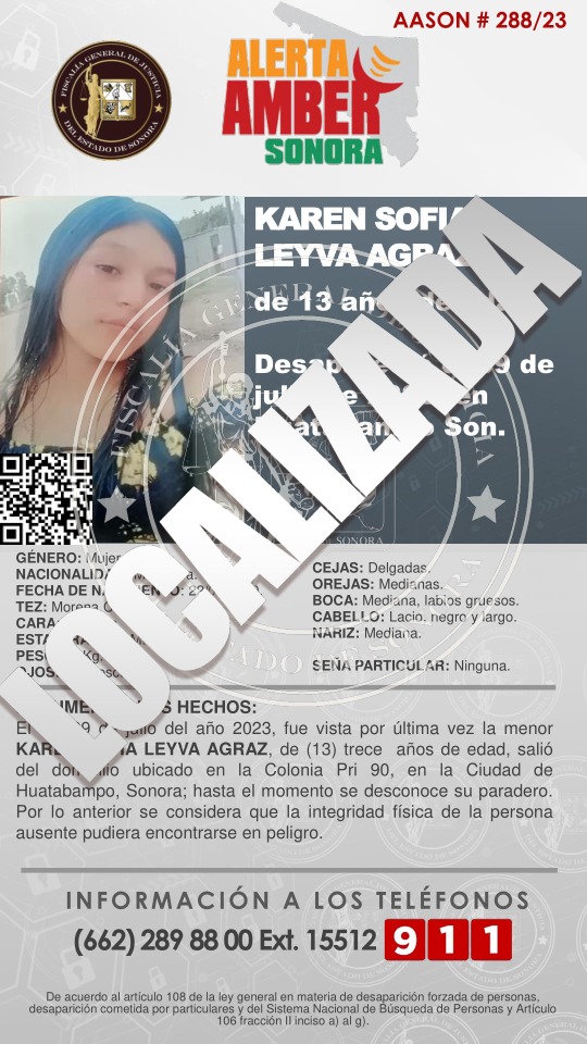 ✨Agradecemos a todos su valiosa colaboración por difundir  y contribuir en la localización de la menor KAREN SOFIA LEYVA AGRAZ, de 13 años de edad.✨🙌🏻

✅*SE DESACTIVA ALERTA AMBER SONORA, SE LOCALIZO SANA y SALVA*