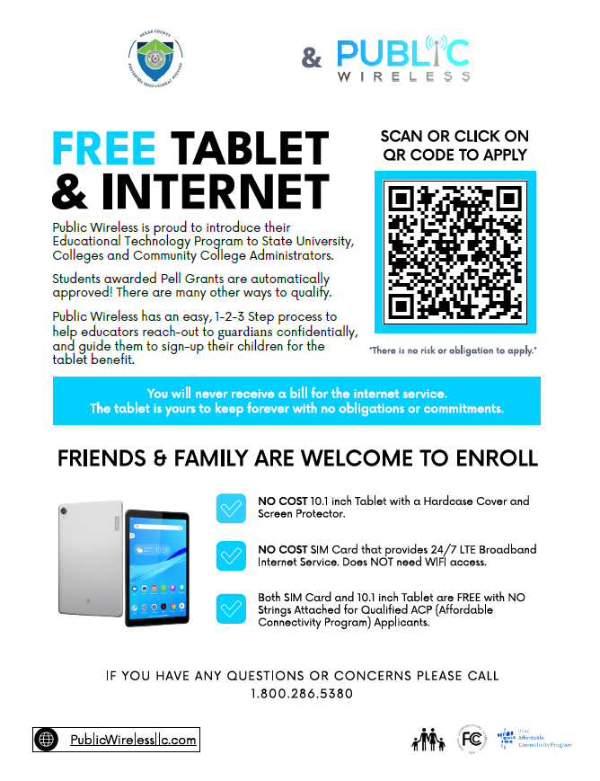 BexarCountyFES's tweet photo. We recognize the importance of having accessible and up-to-date technology that accommodates our students’ educational and personal needs. Thus, we are pleased to announce that BCFES and Public Wireless have teamed up to provide Free Tablets and Internet for  BCFES participants! https://t.co/KTFvO7XKcu