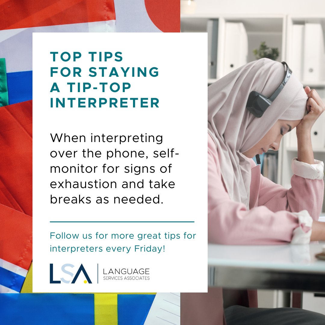 LSAWeb's tweet image. Follow us for more interpreter top tips every Friday! When interpreting over the phone, self-monitor for signs of exhaustion and take breaks as needed🕯️

#InterpreterTip #Interpreter #InterpreterLife #LSP #LanguageAccess #ProfessionalTips #ProfessionalDevelopment