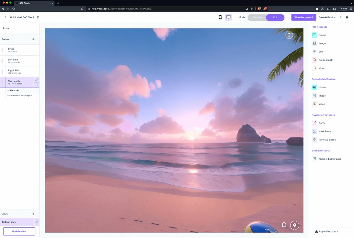 We're excited to announce the launch of our latest features that make it even easier to create immersive experiences. Today we launched generative AI features in <a href="/webXRtools/">webXR.tools</a>

Create stunning and interactive 360 VR experiences in minutes!