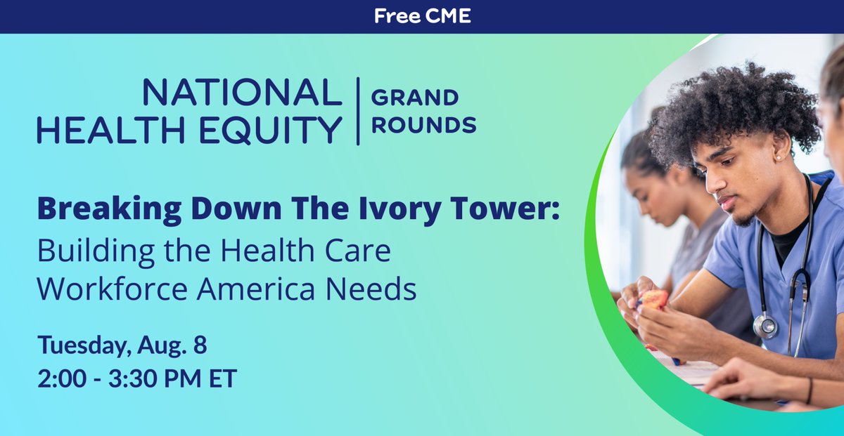 Register for a National #HealthEquity Grand Rounds event on August 8th. Speakers will explore ways to support a more diverse health care workforce by reimagining a more inclusive health care education system. No cost #CME available. #MedTwitter spr.ly/6011P3lCd