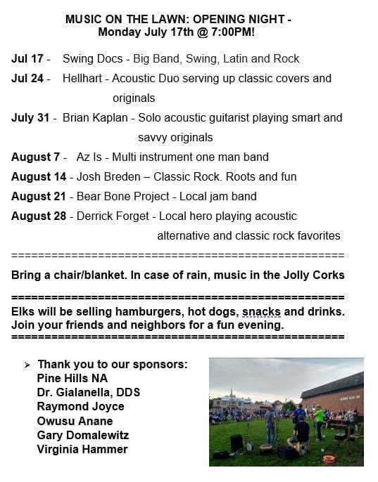 Join us for the opening night of Music on the Lawn, Monday, July 17 at 7:00pm! 

Location:
25 S. Allen Albany Elks Lodge #49 Lawn

The Swing Docs is a big band playing swing, rock, jazz and classic big band music.