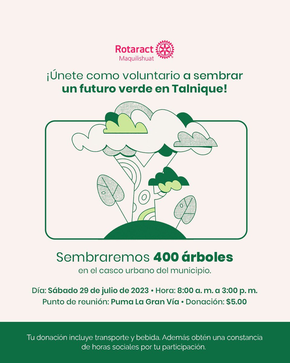 🌳🌱 ¡Únete a sembrar 400 árboles en Talnique! 🌱🌳🦋✨

🗓️  Sábado 29 de julio
🕐  8:00 a. m. a 3:00 p. m
🚌 Puma La Gran Vía
💡 Donación: $5.00

La donación incluye transporte y bebida✨ 

 ¡Además te brindamos una constancia de horas sociales por tu participación 🤩!