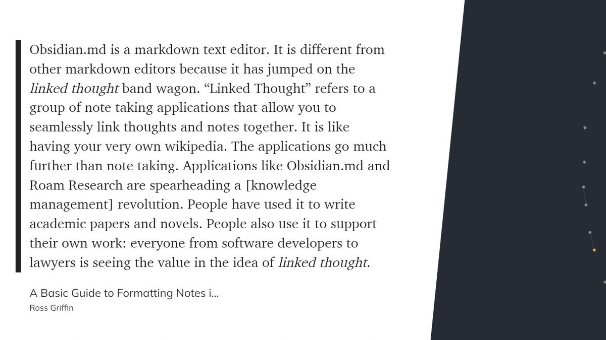 CherylNunn's tweet photo. Have you established a #2ndBrain or #KnowledgeManagement System yet? I did a few months ago with #Obsidian I love it, I use it every day! I looked at #Notion and others, sticking with Obsidian. From https://t.co/BtwpHJCxLN via @readwise https://t.co/lz6Xc4fA6V