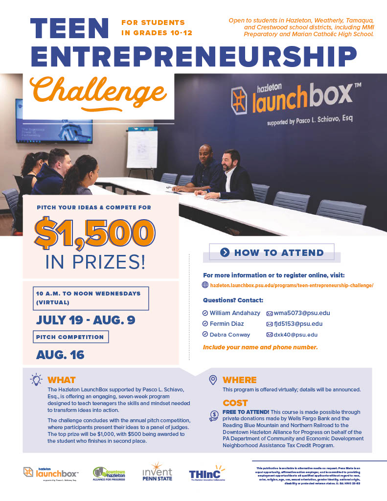 This summer, our friends from the #HazletonLaunchBox are holding their annual #TeenEntrepreneurshipChallenge!

Starting on Wed, students from Grades 10-12 will learn how to build a business model and pitch the concept for a cash prize!

Learn more here ➡️: ow.ly/e2Ot50OIuIb