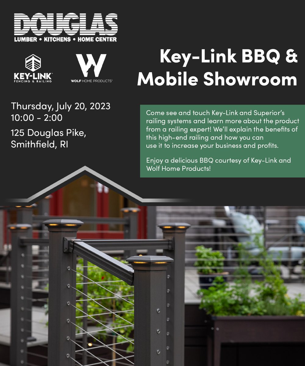 DouglasLumber's tweet photo. Join us next Thursday for the Key-Link BBQ and Mobile Showroom right here at our store! Come see all the benefits of Key-Link products and enjoy a delicious BBQ courtesy of Key-Link and Wolf Home Products! https://t.co/MMsWN9pyo1
