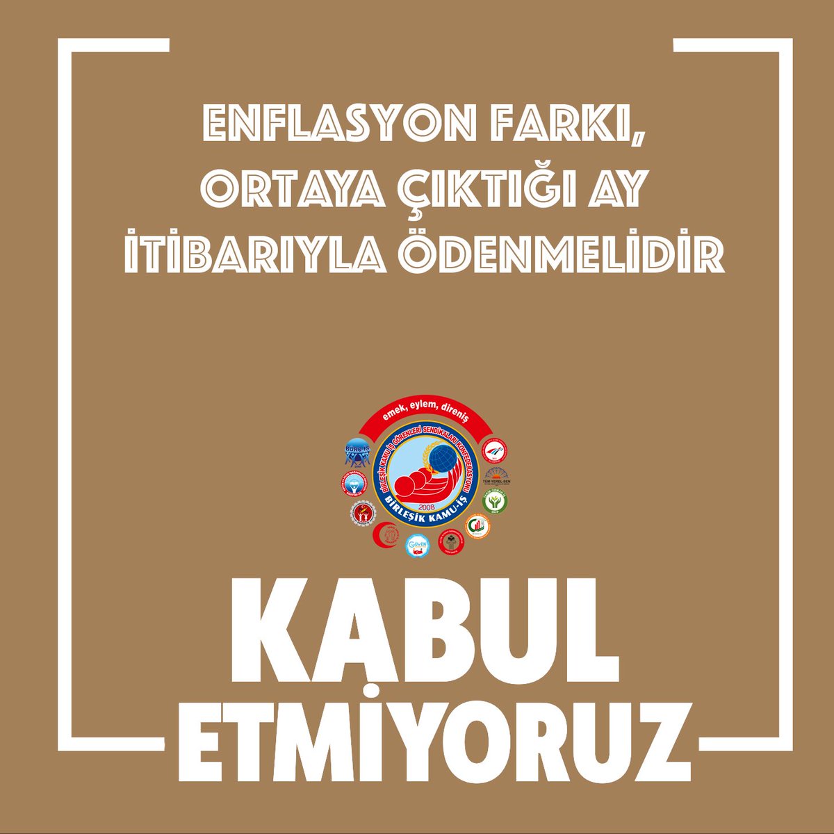 Enflasyon farkı, ortaya çıktığı ay itibarıyla ödenmeli, emekçi enflasyon altında ezilmemelidir.
#kabuletmiyoruz
