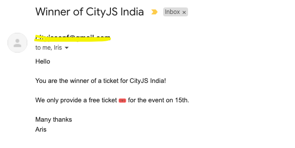 Thanks @cityjsconf and team. 
I win the free pass of 15th Sept
#WinnerOfCityJsConf #CityJs #NodeJs #CICD #javascriptcommunity #communityhighlight #cityJs