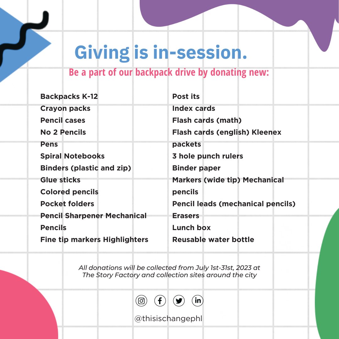 Help students follow their dreams by being a part of <a href="/thisischangephl/">CHANGE Church</a>'s backpack drive 🎒

Donations will be collected until July 31st at Punch Line Philly, <a href="/StoryFactoryPHL/">TheStoryFactoryPHL</a>  &amp; other sites around the city ☺️

View below to see what backpacks &amp; supplies we will be collecting ‼️