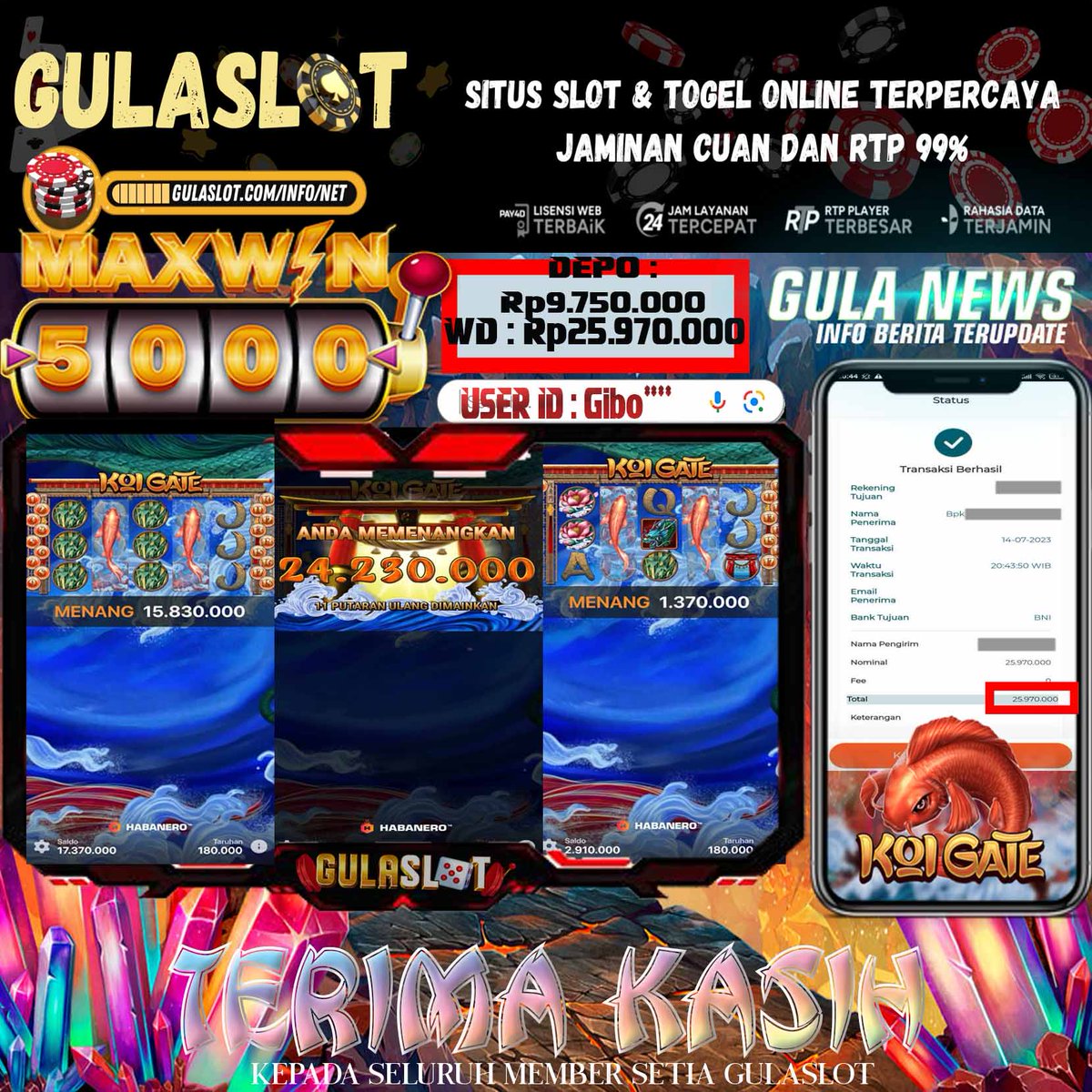 gula_vip's tweet photo. KEMENANGAN MEMBER GULASLOT:
π·Deposit : 9.370.000
π·Withdraw : 25.970.000
π·Game : Koi Gate (Habanero)
π·Stake : 180.000
π·Link : https://t.co/L7oRShsYk0
π·WA : +6287841504176
Selamat kemenangan Nya di Gulaslot kakak ππ₯°
#gulaslot #slotonline #Trending #viral #koigate #HABANERO https://t.co/fsocivQKZU
