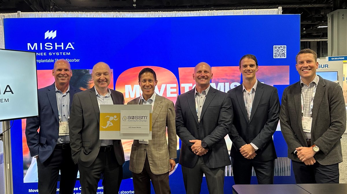 Moximed's tweet photo. The MISHA Knee System is the recipient of the @AOSSM_SportsMed 2023 ACE Award which recognizes cutting-edge innovation in the field of orthopaedic sports medicine!
#MoveToMISHA #AOSSM23 #KneeOA #SportsMedicine https://t.co/EAOWzyb6tR
