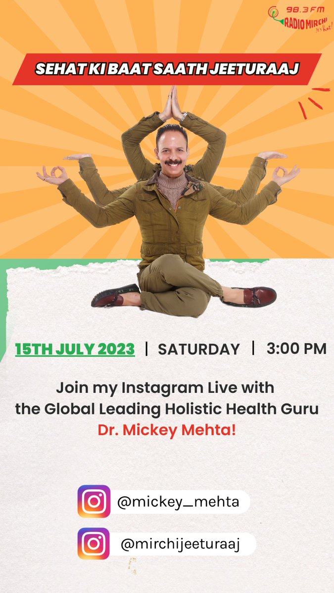 MirchiJeeturaaj's tweet photo. #liveasinlive today 3pm onwards #instalive .@drmickeymehta saath #jeeturaaj on insta #mirchijeeturaaj #sehatkibaatsaathjeeturaaj https://t.co/4mdOji2VRy