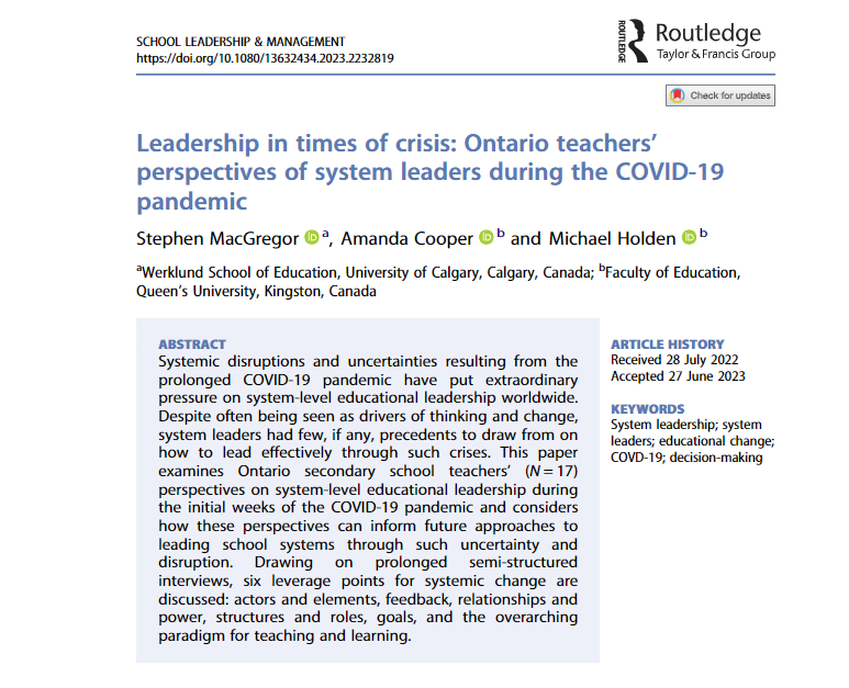 New article on system leadership in times of crisis. <a href="/ACooperKMb/">Dr Amanda Cooper</a>, <a href="/MikeRobHolden/">Michael Holden</a>, and I discuss 6 leverage points for change: actors &amp; elements, feedback, relationships &amp; power, structures &amp; roles, goals, and T&amp;L paradigms. 50 free online copies: tandfonline.com/eprint/J3K8T82…