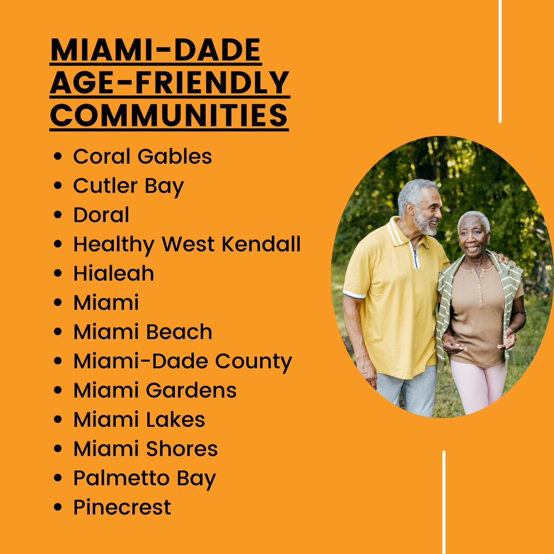 AgeFriendlyMIA's tweet photo. Did you know that Miami-Dade has 13 Age-Friendly Communities that are part of a global network of communities committed to making their cities more age-friendly? Join age-friendly municipalities in prioritizing the well-being of older adults. Learn more at https://t.co/QultLCOkvz https://t.co/NFUB817sXs