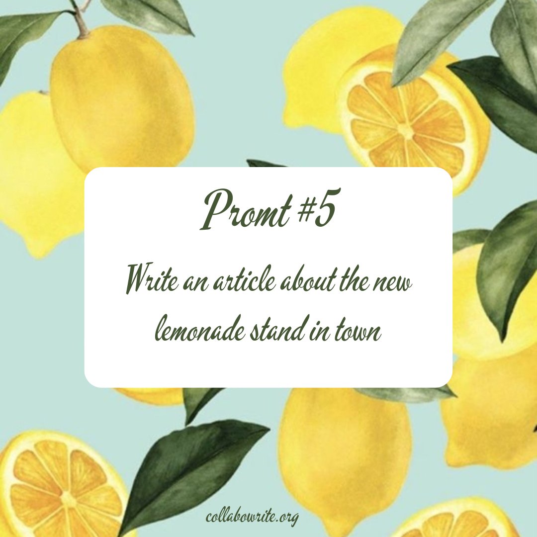 CollaboWrite_'s tweet photo. Fellow Writers , who's thirsty for some story ideas? 🧃 https://t.co/jXnkQvaJMr 
#collabowrite #writerscommunity #writingprompts #lemonade #summer #writingideas #becreative #followformore https://t.co/i8r6Cmx5l0