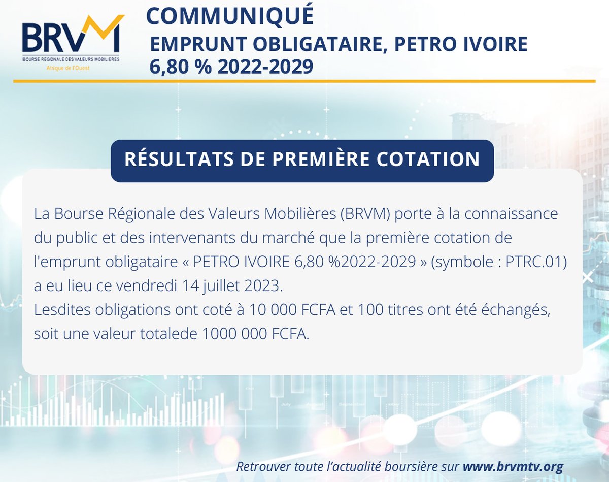 BRVM_UEMOA's tweet image. Admission au Compartiment des obligations de la BRVM de l’Emprunt Obligataire PETRO IVOIRE 6,80 % 2022-2029.@petroivoireSa @petro-ivoire @BRVMTV #premireCotation #introductionEnBourse