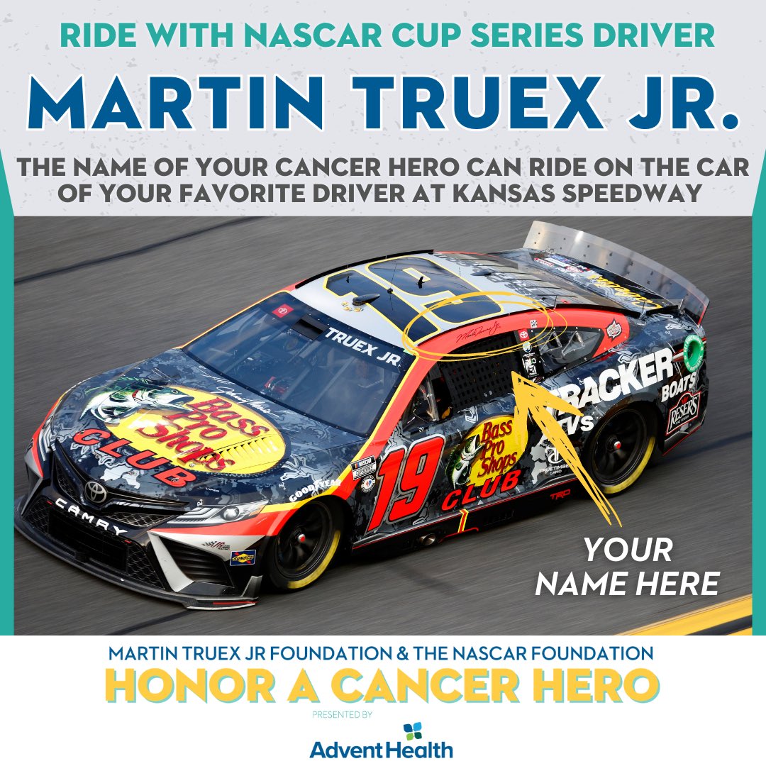 Honor Your Cancer Hero by having them “ride” on my car @kansasspeedway . Auction just opened this afternoon. Bid now at nascarfoundation.org/cancerhero @AdventHealth | @MTJFoundation | @NASCAR_FDN #HeroesRideAlong | #eBayfinds | #eBayforCharity