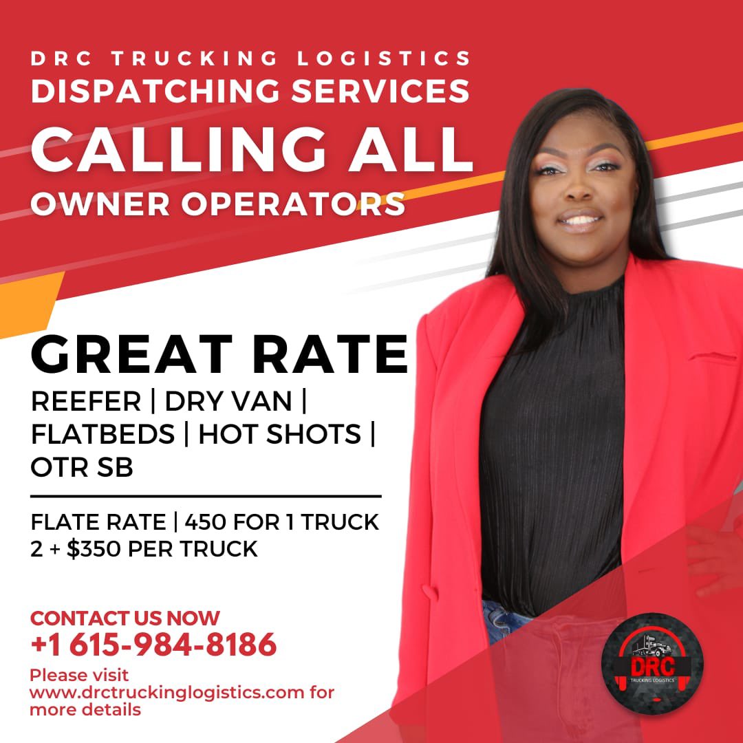 drctrucking's tweet photo. Calling all Owner Operator and Fleet Owners.

DRC Trucking Logistics has some of the best rates ever for Dispatching Service

Send us a message now!

#trucking #truckinaround #truckhustle #truckdriver #truckowneroperators #truckinggirl #drctrucking #dispatchservices https://t.co/GOXEdQRiwf