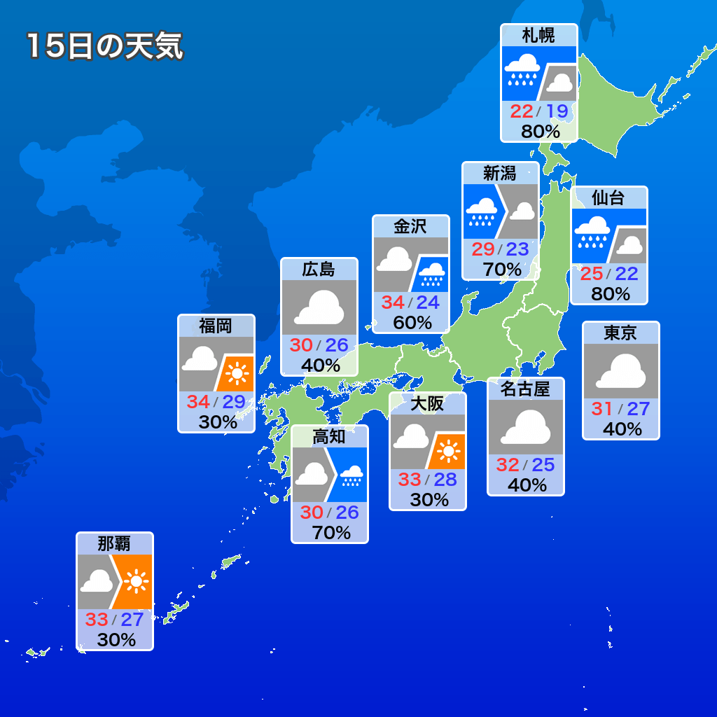 weather_ufbot's tweet photo. 本日7月15日の天気情報です。 https://t.co/YeoIl90pbh