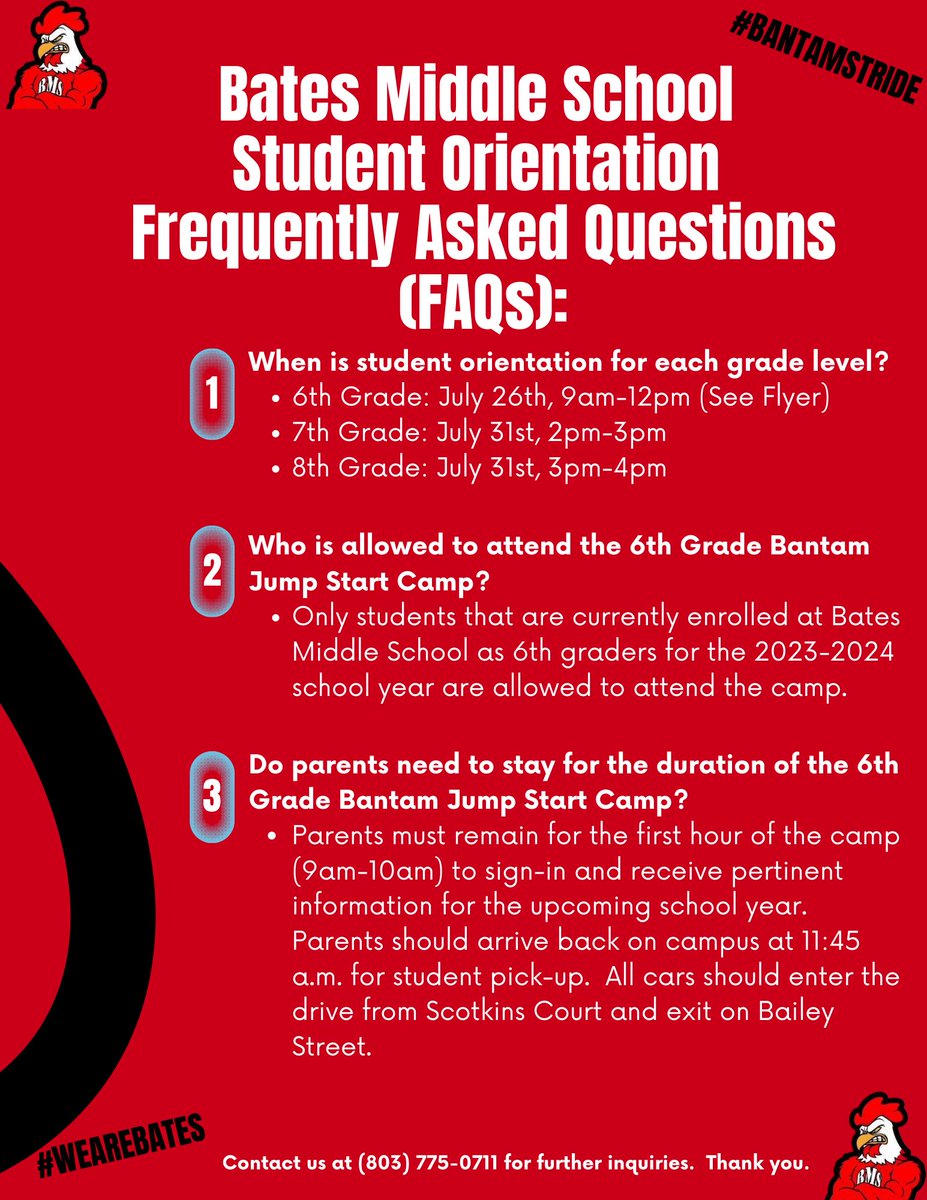 WeAreBates's tweet photo. Good Day Everyone!  Here are some Frequently Asked Questions (FAQs) and Answers concerning student orientation dates and times in preparation for the 2023-2024 school year.  Please plan accordingly.  We look forward to seeing and speaking with you and our students! https://t.co/ePFn0FHCxz