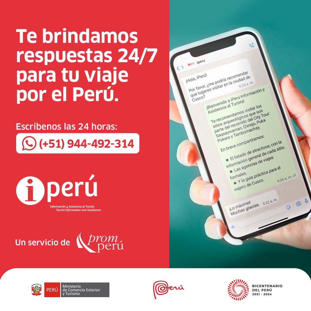 ConoceelPeru's tweet image. ¡Ahora con #IPerú puedes recibir información para tu viaje a cualquier destino del Perú escribiéndonos por WhatsApp! 😎📱
Conoce más aquí 👉bit.ly/3BuoMjQ

#YTúQuéPlanes #ElAliadoParaTusViajes