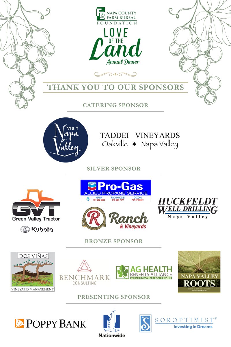 Thank you to the sponsors of the 110th Napa County Farm Bureau Annual Dinner. We greatly appreciate your support of Napa County agriculture and your commitment to the Napa County Farm Bureau. #napavalley