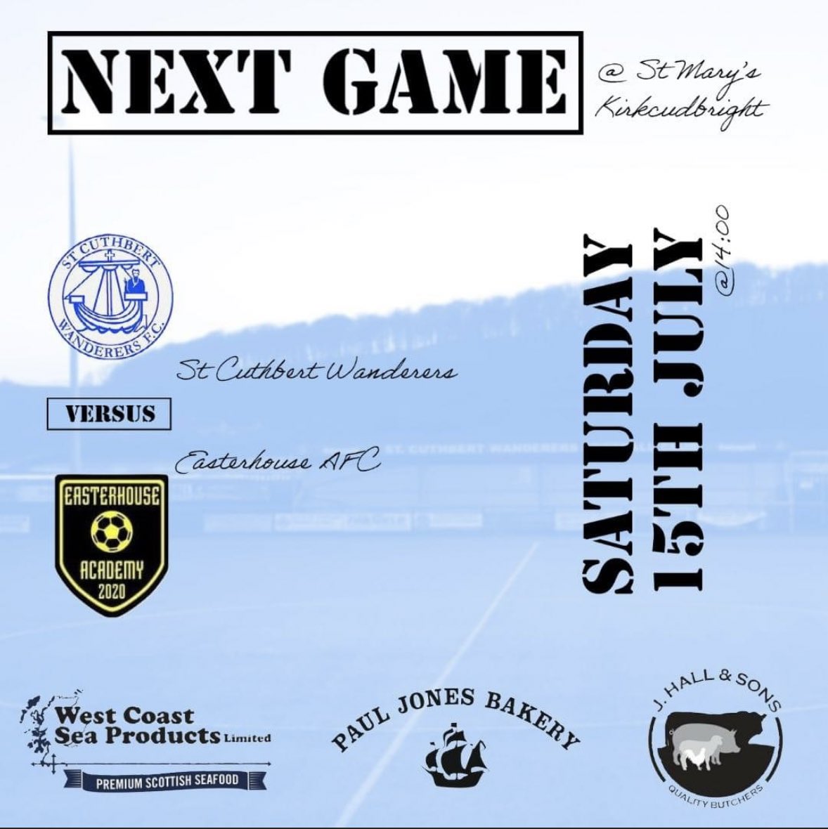 NEXT UP 🔵⚪️

Get along tomorrow and support the boys in tomorrows Pre Season Friendly ⚽️

🆚 <a href="/EasterhouseFA/">Easterhouse FA</a> 
🏆Friendly
🏟️ St Mary’s, Kirkcudbright 
🗓️ 15-07-23
🕑 14:00 KO

#KircudbrightsClub 
#WeAreSaints