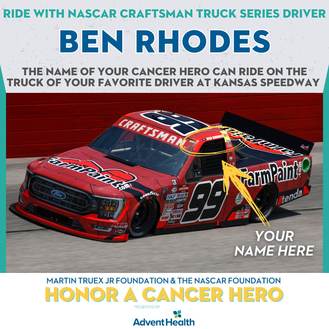 Honor Your Cancer Hero by having them 'ride' with our drivers at @kansasspeedway. @HailieDeegan - ebay.to/3rv4a9H @Matt_Crafton - bit.ly/3PX7zZ2 @TyMajeski - ebay.to/3NVBeiD @benrhodes - ebay.to/3DbO1IG #HeroesRideAlong