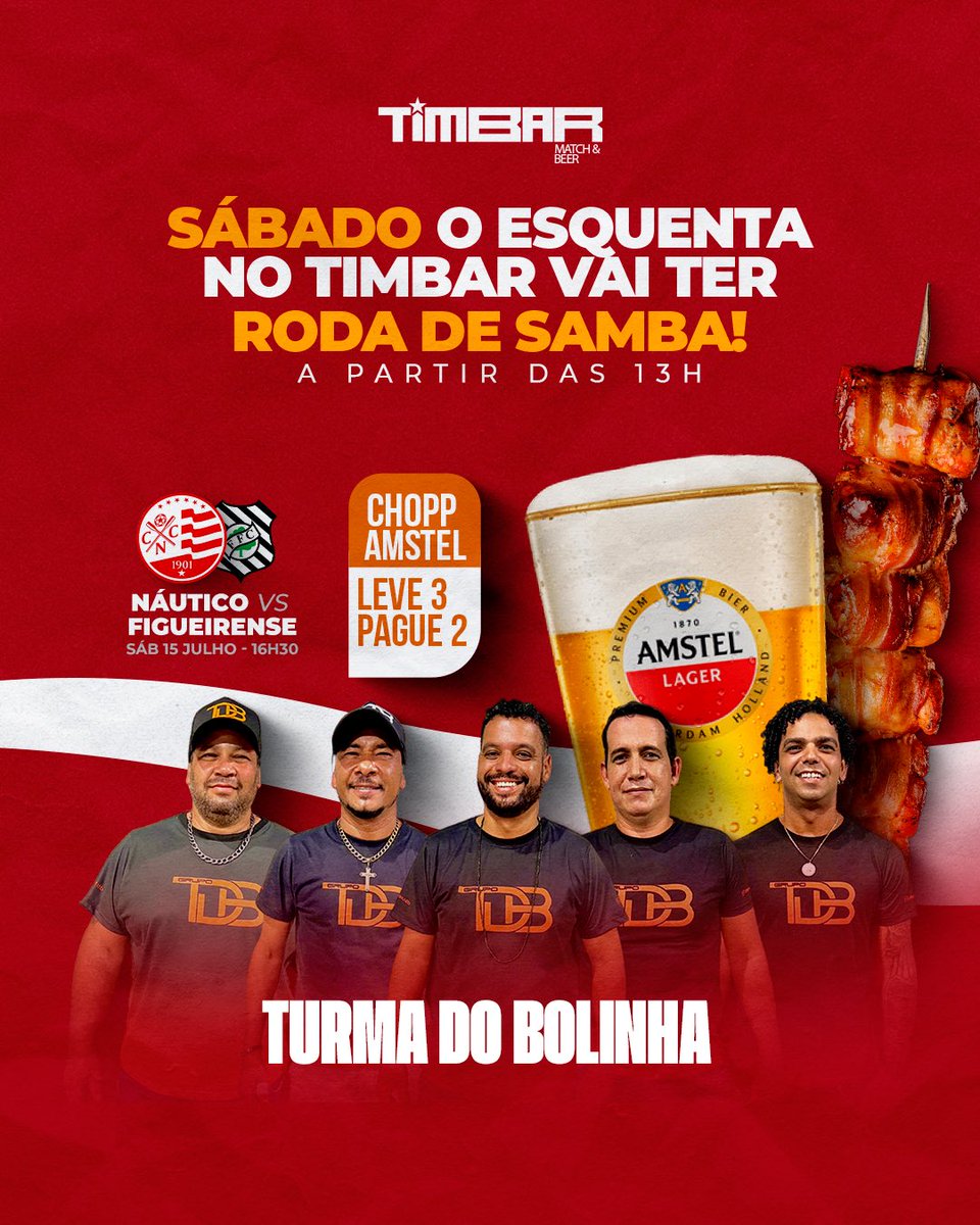 timbaroficial's tweet photo. Amanhã é dia de Aflitos e o esquenta no Timbar vai ser daquele jeito 🔥

Vai ter sambinha a partir das 13h, espetinho e promo de chopp Amstel 🍻

Já estamos contando os dias 🤩🥳 https://t.co/8T37611MJs
