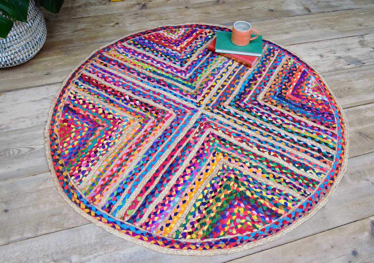 Excited to share the latest addition to our #etsy shop: Round Multi Colour Cotton &amp; Jute Braided Rug 90cm etsy.me/3JXLvcU #rainbow #jute #roundrug #fairtraderug #oneofakinddesign #ecofriendlyrug #bohemianrug #bedroomrug #kitchenrug