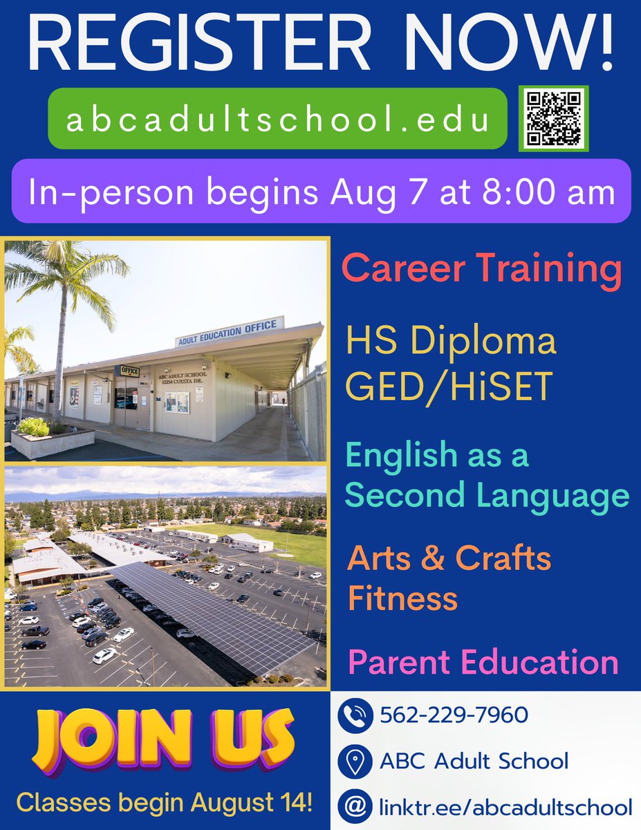 abcadultschool's tweet photo. Register online for FALL classes!
๐ป https://t.co/7lmav7EGSB
Walk-in registration begins August 7 at 8 am.
โ๏ธ 562-229-7960
Classes start August 14. We can't wait to see you!
#ABCAdultSchool #careertraining #HSdiploma #GED #HiSET #freeESLclass #artsandcrafts #fitness #ParentEd https://t.co/6D9PMdSR5a
