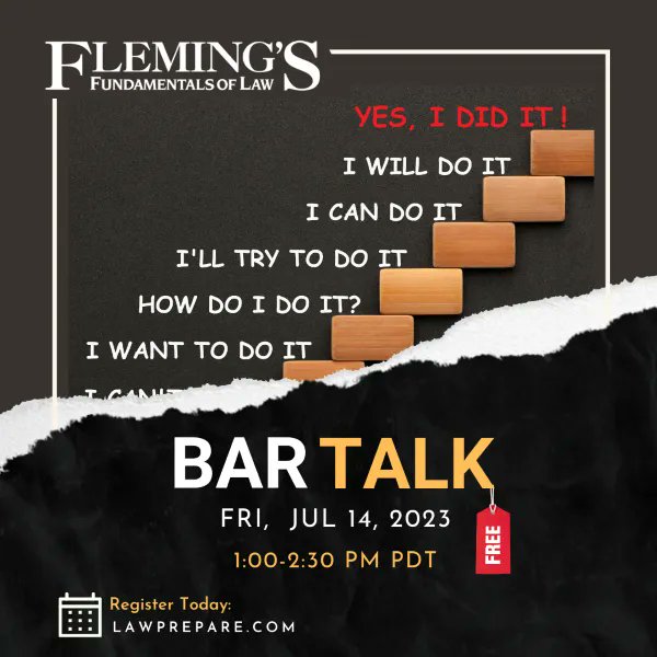 Flemingsbarprep's tweet photo. Don't Miss Out! Bar Talk Today for Insights on the July 2023 California Bar Exam. Register Here: https://t.co/lzXLc0u4SR 
Bar Talk is FREE! https://t.co/FDw94nz7Dk