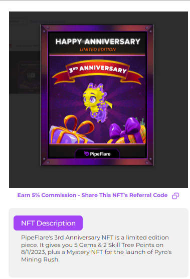 Ahmedsam89's tweet photo. As always our lovely gaming platform Pipeflare surprises us with a unique NFT on its 3rd Anniversary. Hurry up and grab it before it sold out (Its a limited edition).
Join us here https://t.co/YFlJq9frK3 to earn  massive rewards also you can get unique items by playing games. https://t.co/yvCmlZJEXL