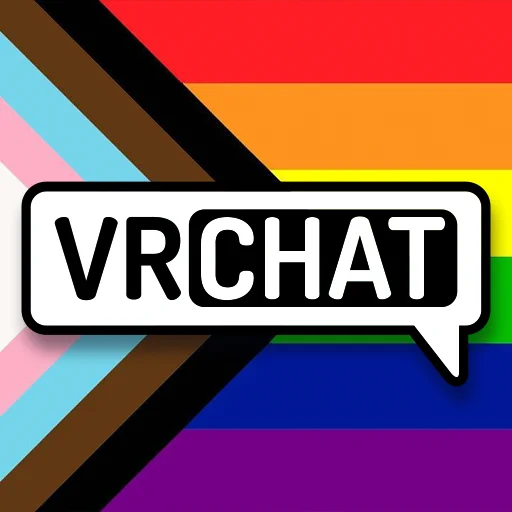 The VRChat logo on top of an intersectional Pride flag.