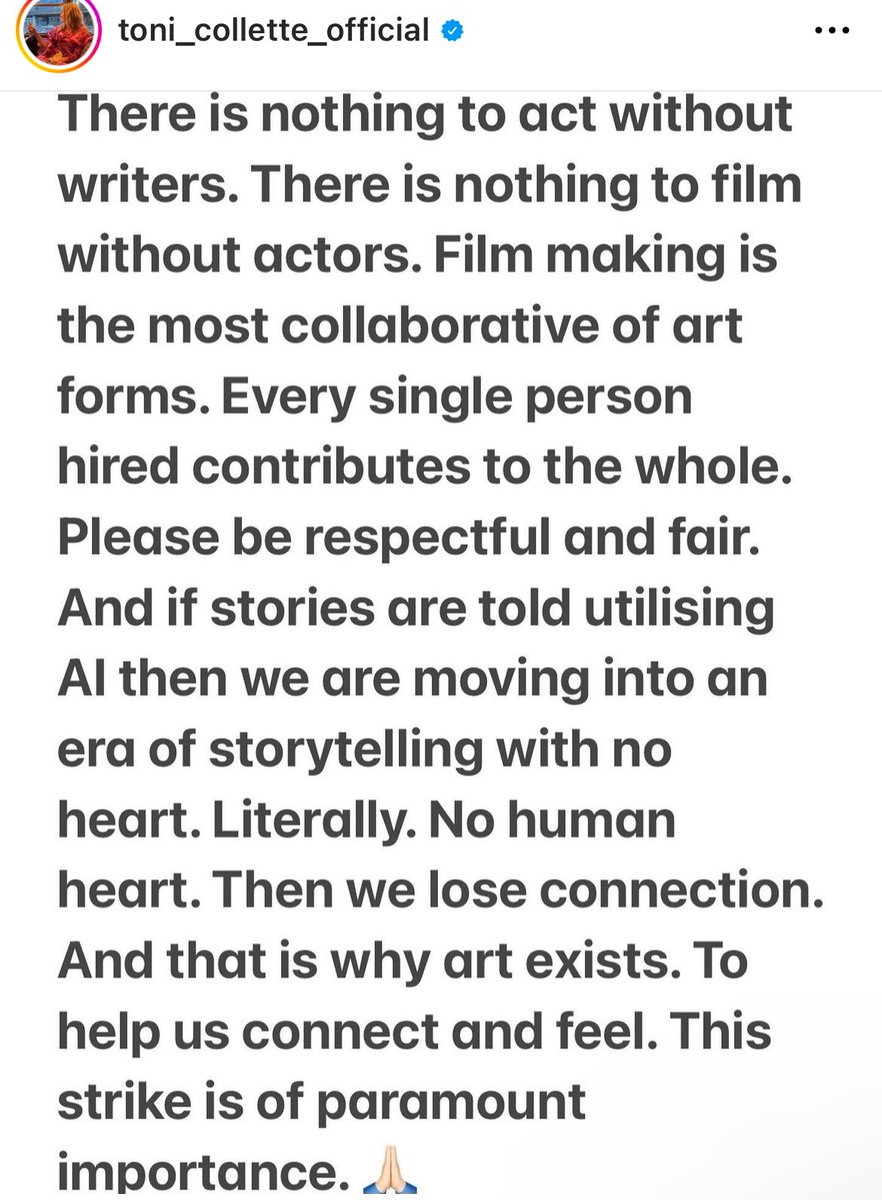 Kat_McNamara's tweet photo. For the sake of stories told with humanity and heart. #ToniCollette @sagaftra  #SAGAFTRAstrong https://t.co/RkPj2TkbSO