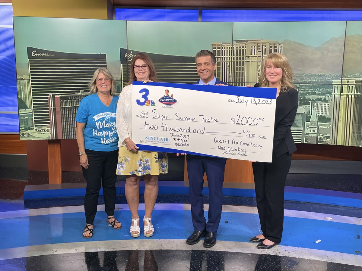 GoettlAir's tweet photo. The Weather Authority Team at @news3lv predicts the next day’s weather. If they’re within 3 degrees, Goettl donates $100 to the local charity. Thank you @supersummertheatre for the opportunity to support your impact in the community!
#goettl #news3 #hvac #3dregreeguarantee https://t.co/5HeeiYymL0