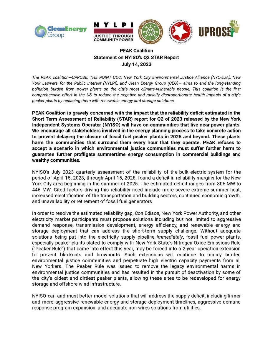 PEAK Coalition's statement NYISO's Q2 STAR report and our call for immediate action: peakcoalition.org/_files/ugd/f10…