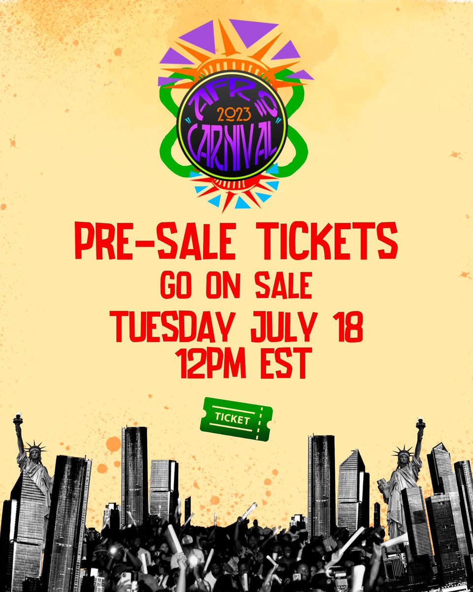 Afrocarnival's tweet photo. Tag your Afro Carnival Crew and don’t miss out! Pre-sale tickets for Afro Carnival 2023 go on sale Tuesday July 18 at 12PM EST. 🎡🌴

https://t.co/jjFSjK8wew 

#afrocarnival #melaninunited https://t.co/dBGLlRGDyj