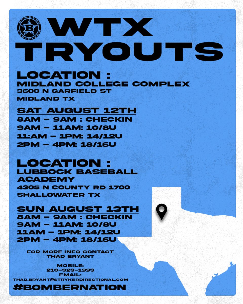 Want to be a Bomber? Sign up for tryouts today! #bombernation

HTX 🔗 register.ryzer.com/camp.cfm?sport…
CTX &amp; STX 🔗 register.ryzer.com/camp.cfm?sport…
NTX 🔗 rb.gy/o6t3q
WTX
🔗 12th : register.ryzer.com/camp.cfm?sport…
🔗 13th : register.ryzer.com/camp.cfm?sport…