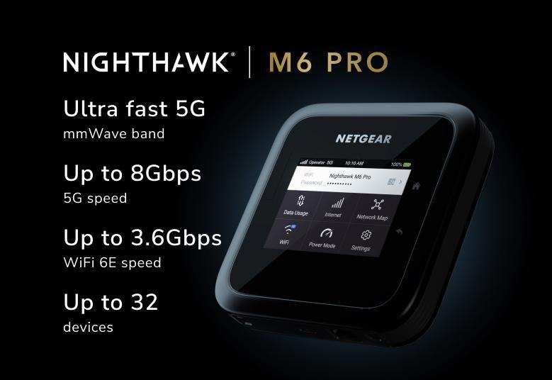kqefary's tweet photo. 5G WiFi 6E Mobile Router (MR6550)
Nighthawk® M6 Pro 5G mmWave WiFi 6E Mobile Hotspot Router, 

5G Band: mmWave, Sub-6
Max 5G Speeds: 8Gbps
Speed: WiFi 6E 3.6Gbps
Wired Port: 5Gbps (USB), 2.5Gbps (Ethernet)
International Roaming: 125+ countries.
{was successfully registered by CITC}
#netgear
 #m6pro 
#wifi6E 
#5G
