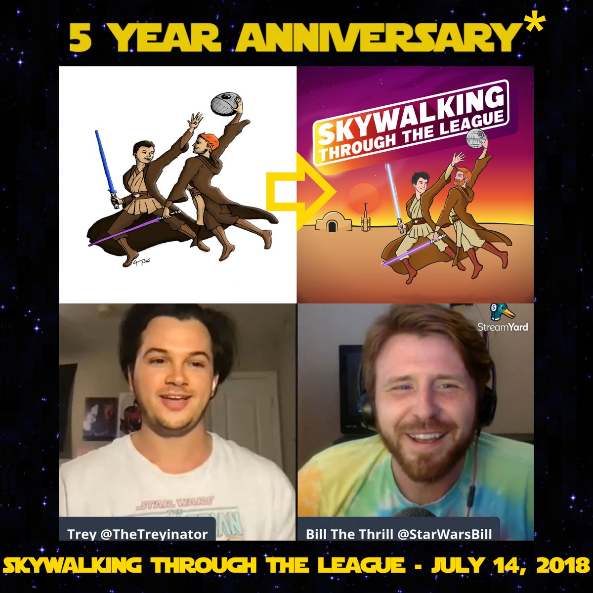 StarWarsNowThis's tweet photo. 'Star Wars &amp; more' podcasting for half a decade✳: @SkywalkingTL premiered 5 years ago today, on July 14, 2018.

Congrats to @StarWarsBill, @TheTreyinator and all their listeners for reaching this goal.

Daniel (@StarWarsNowThis)🙂👍🏾 https://t.co/gYYkz9RE7i