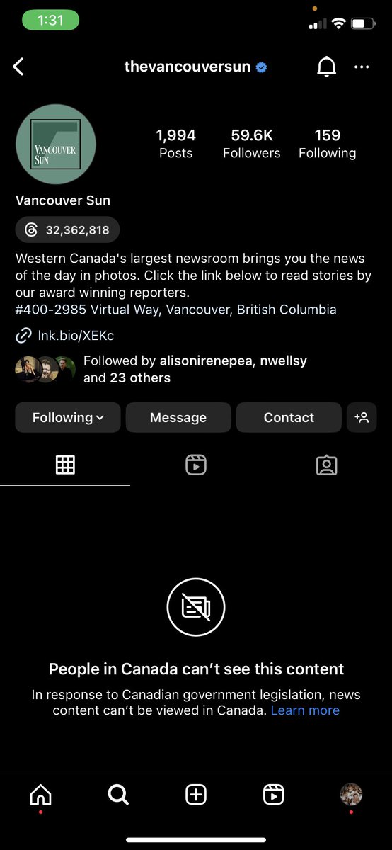I've been blocked from seeing the @VancouverSun Instagram page due to Meta's Canadian media boycott over Bill C-18. Others say they can still access the Instagram page so not sure how widespread the black out is. This is brutal behaviour by one of the world's richest companies.