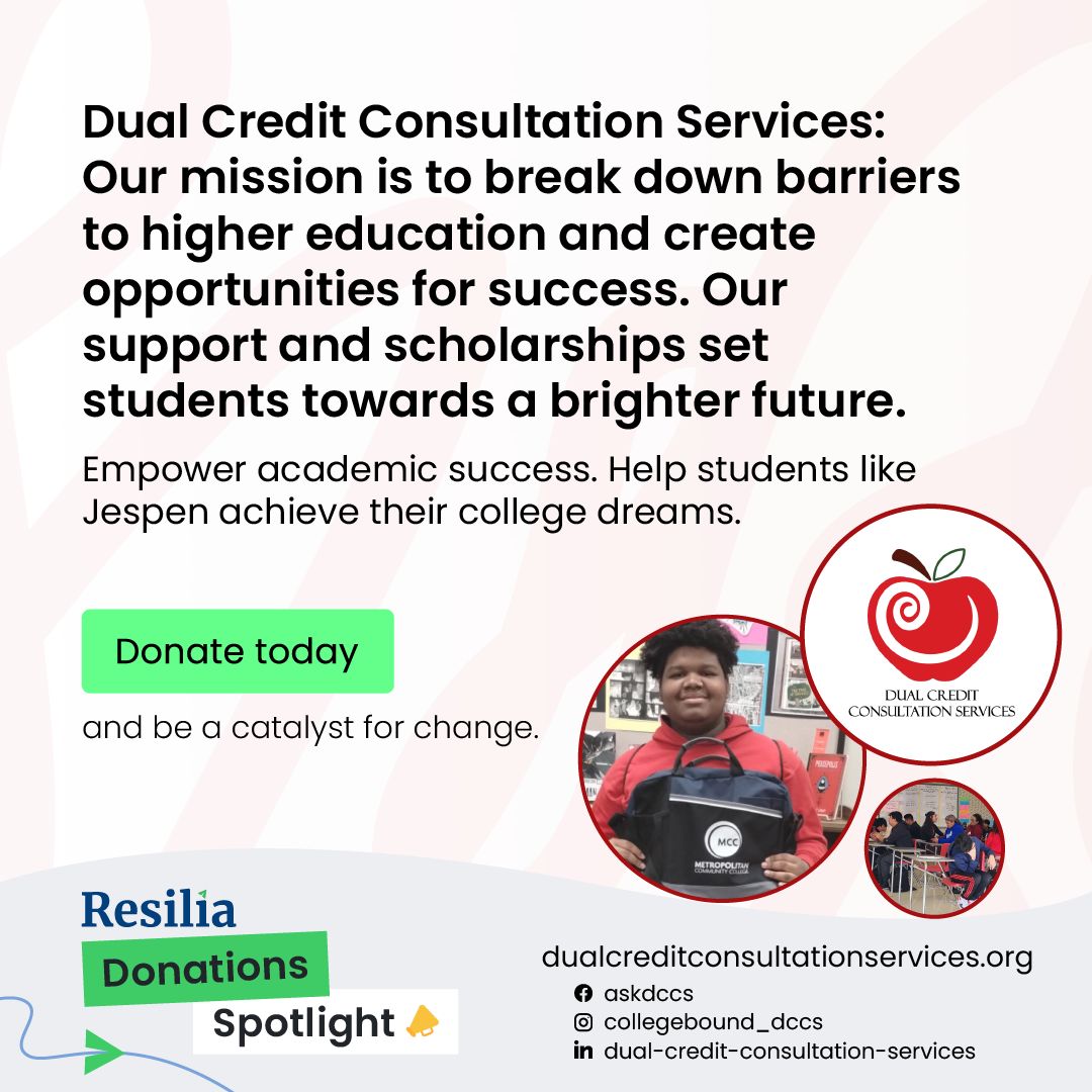 We're thrilled to showcase one of our Resilia Donations Contest winners:
Dual Credit Consultation Services 🍎

🚀 They're breaking barriers to higher education and empowering students to achieve academic success. 🎓

Visit their website and learn how you can get involved!